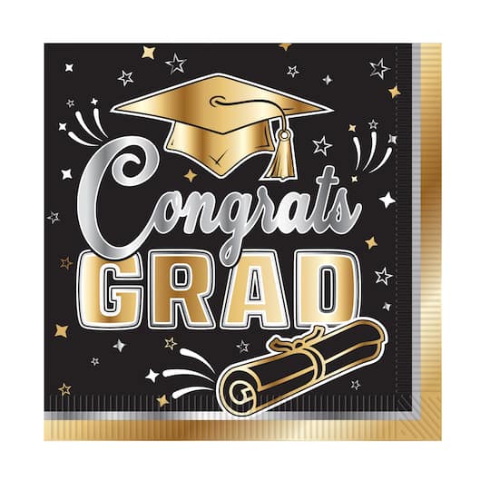 Beistle 6.5" x 6.5" Black & Gold Graduation 2-Ply Luncheon Napkins, 32ct.